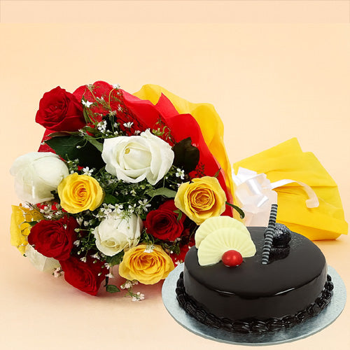 Chocolate Cake With Mix Roses Flower