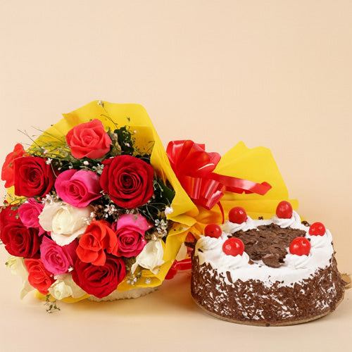Black Forest Cake With Mix Roses Flower